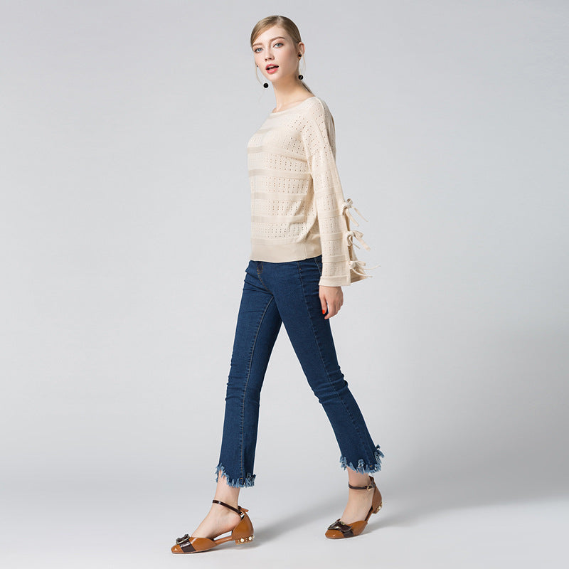 Self-Tie Sleeves Fine-Knit Top