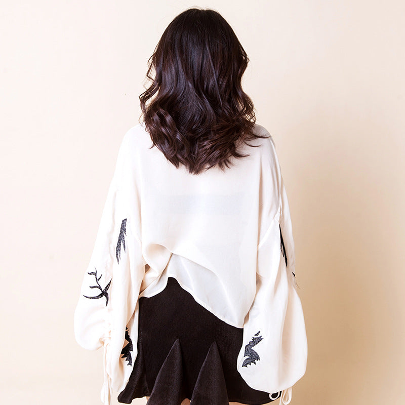 Lantern Sleeves Swan Printed Self-Tie Chiffon Top 43002