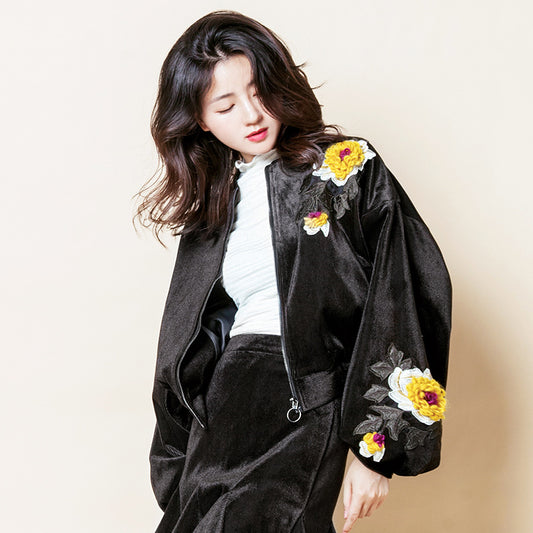 Velvet Embroidered Lantern Sleeves Jacket