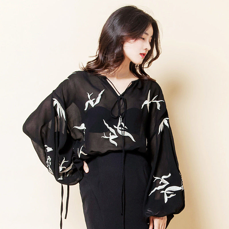 Lantern Sleeves Swan Printed Self-Tie Chiffon Top 43002