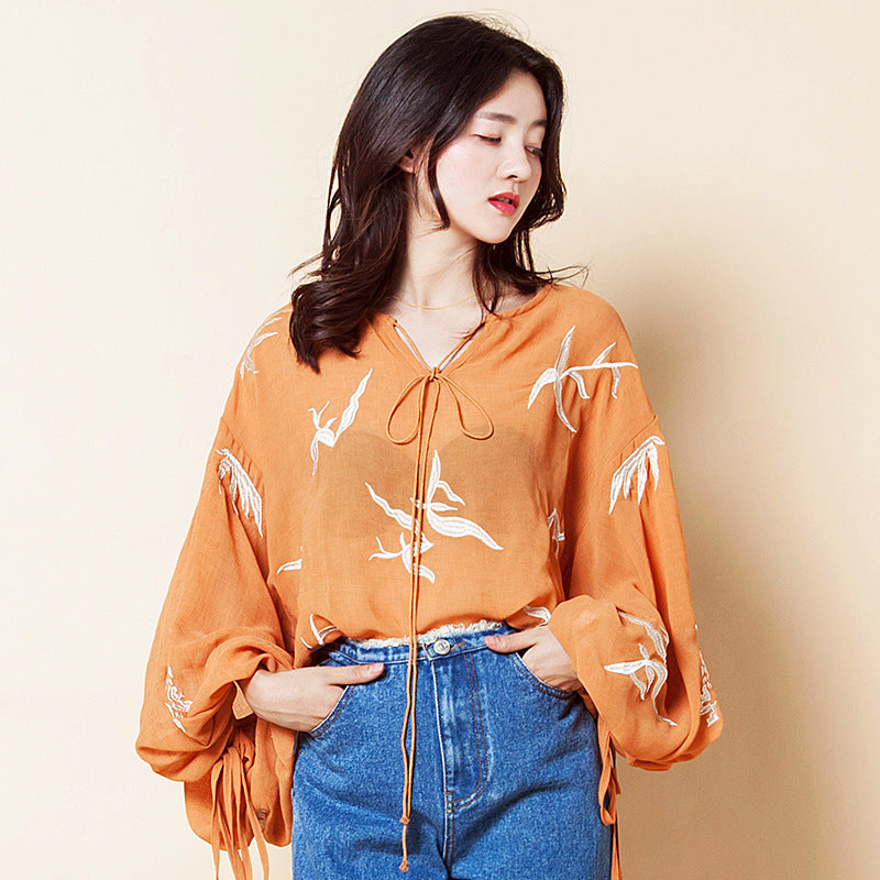 Lantern Sleeves Swan Printed Self-Tie Chiffon Top 43002