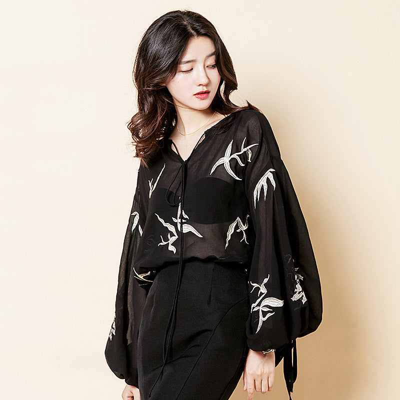 Lantern Sleeves Swan Printed Self-Tie Chiffon Top 43002