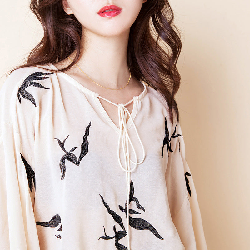 Lantern Sleeves Swan Printed Self-Tie Chiffon Top 43002
