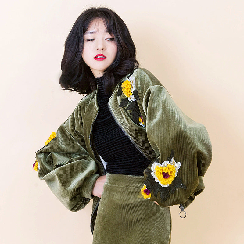 Velvet Embroidered Lantern Sleeves Jacket