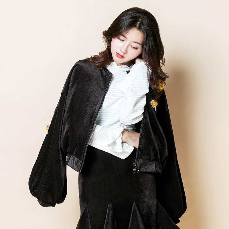 Velvet Embroidered Lantern Sleeves Jacket