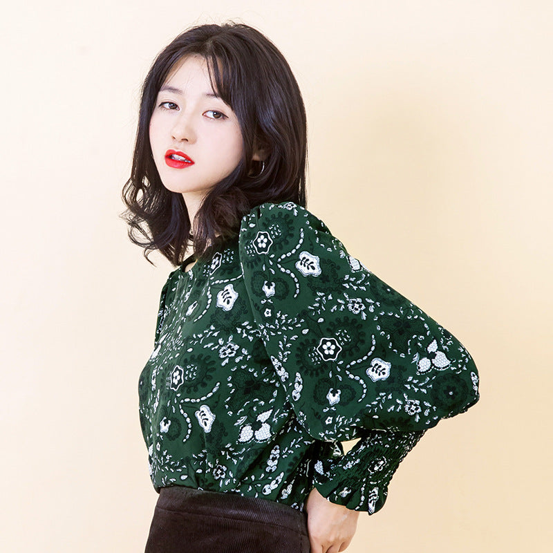 Lantern Sleeves Flower Printed Chiffon Top