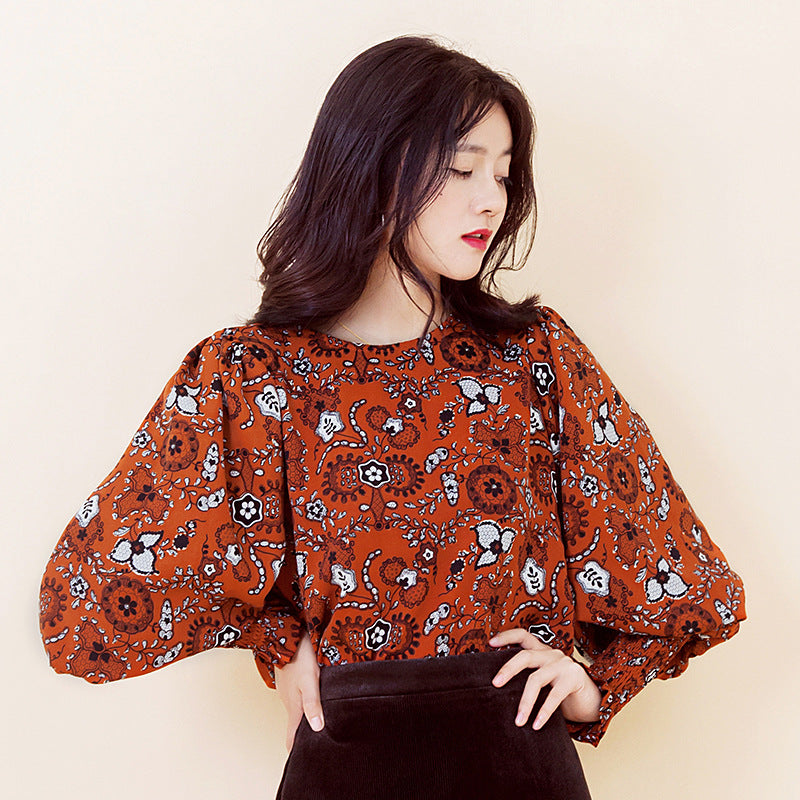 Lantern Sleeves Flower Printed Chiffon Top