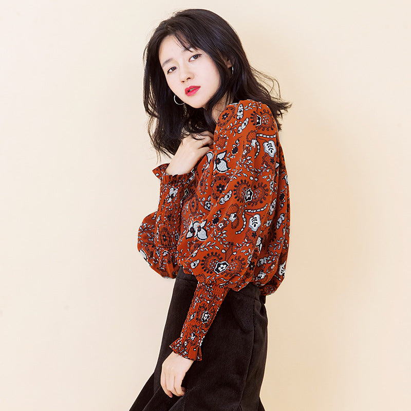 Lantern Sleeves Flower Printed Chiffon Top