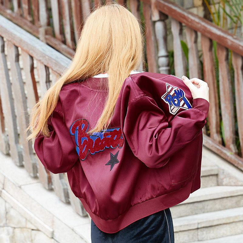 Lost In The Red Wine Star Embroided Baseball Jacket