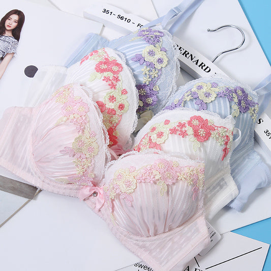 Kawaii Dot Flower Embroidery Romance Wave Lace Spring Flower Bra Set