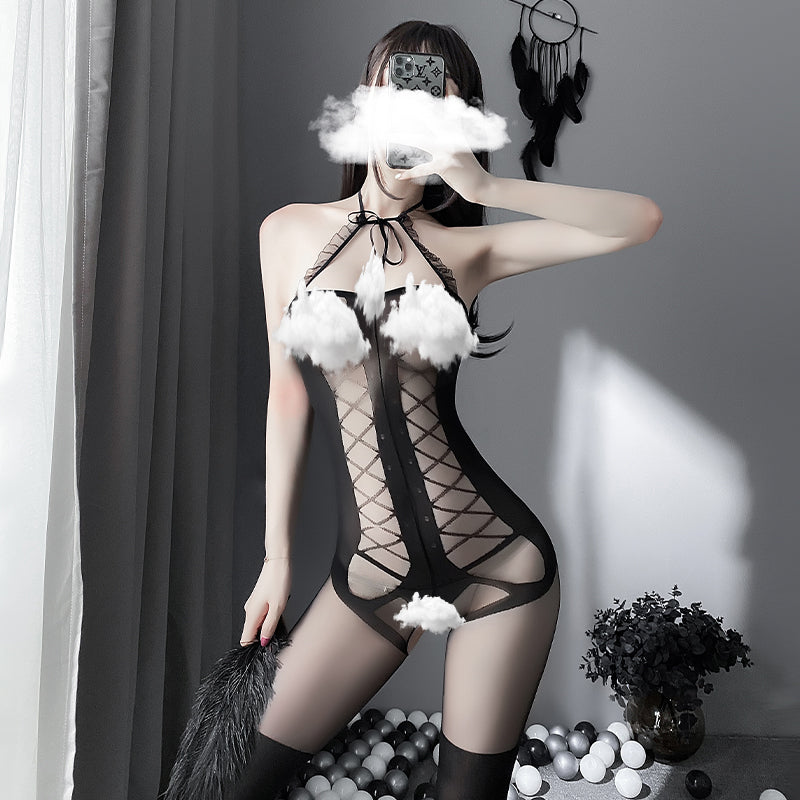 Sofyee Sexy Perspective Halterneck Tube Top Mesh Body Stockings