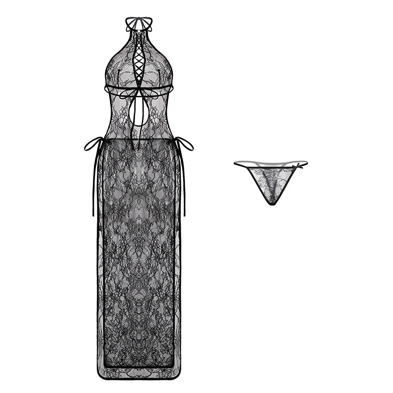 Sexy Slit Halter Strap See-Through Suspender Nightdress Set