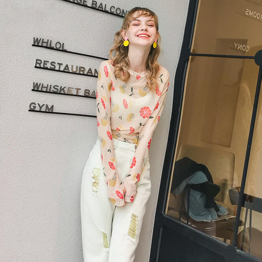 かわいい日本のボトムTシャツピンストライプハイストレッチメッシュプリント長袖