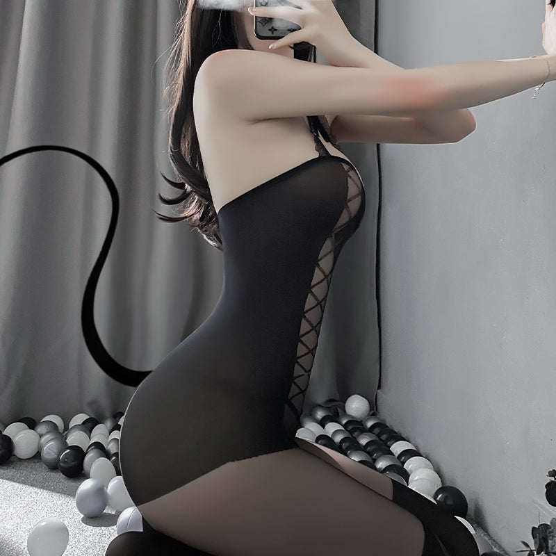 Sofyee Sexy Perspective Halterneck Tube Top Mesh Body Stockings