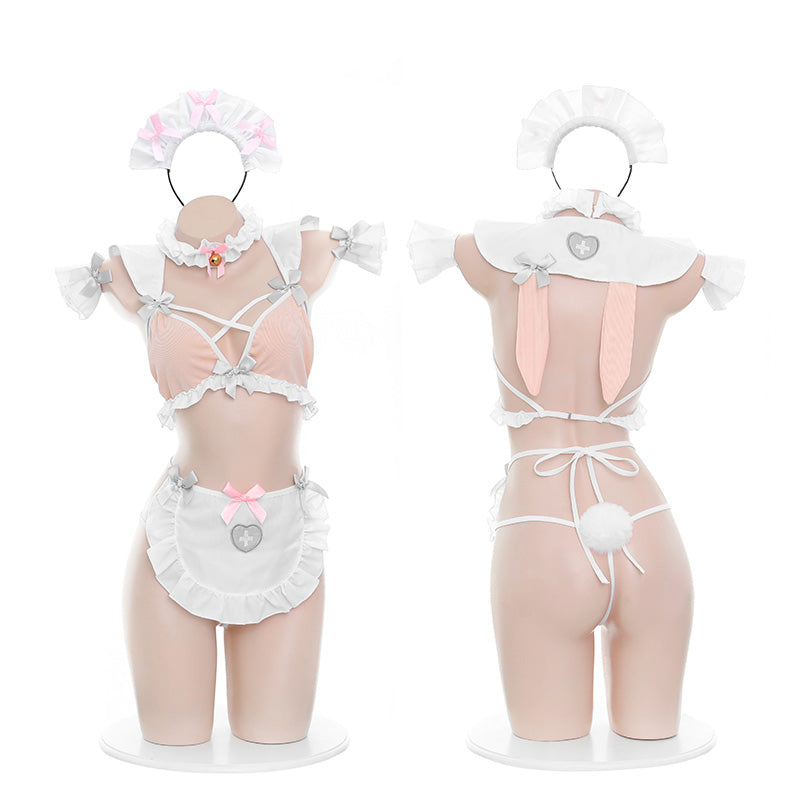 Rosa Dienstmädchen-Dessous-Set mit Hasenohren 