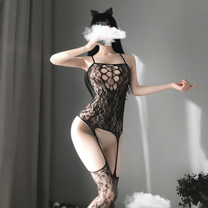 Sofyee Appealing Sexy Perspective Open File Free Suspender Hollow Body Socks