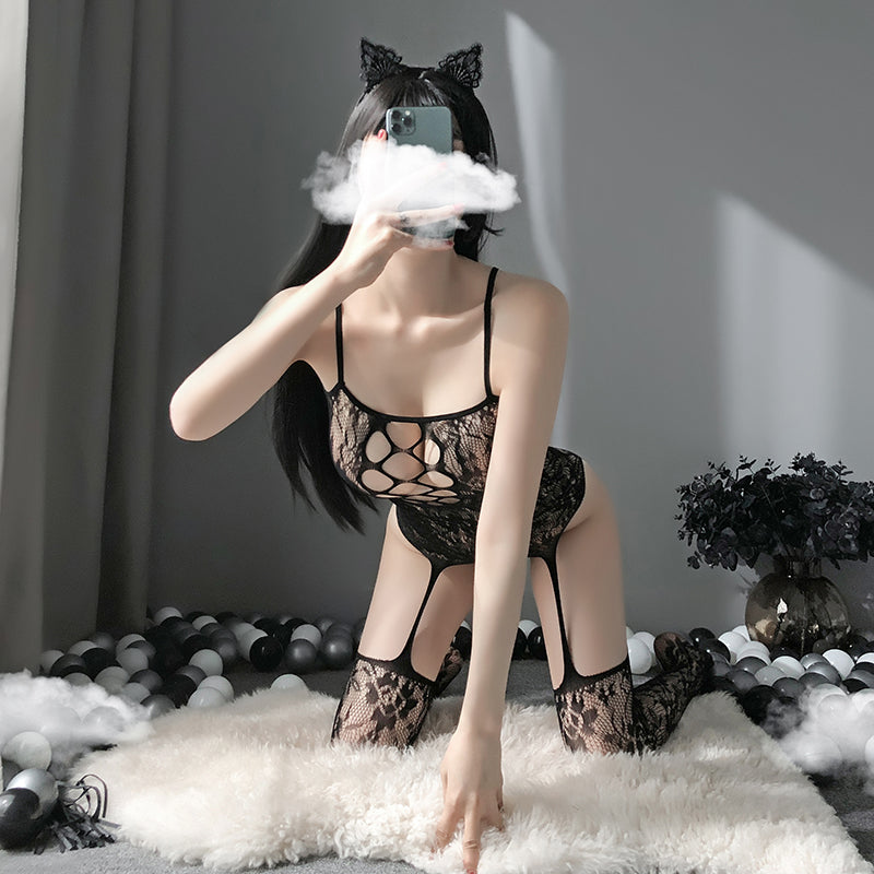Sofyee Appealing Sexy Perspective Open File Free Suspender Hollow Body Socks
