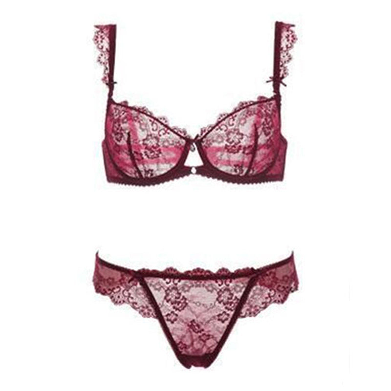 Set aus durchsichtigem BH und Höschen aus durchsichtiger Spitze mit Blumenmuster 