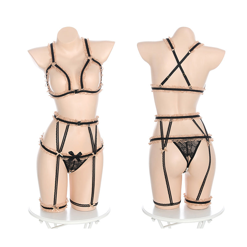 Ruffle Flower Open Cup Hosiery Lingerie Set