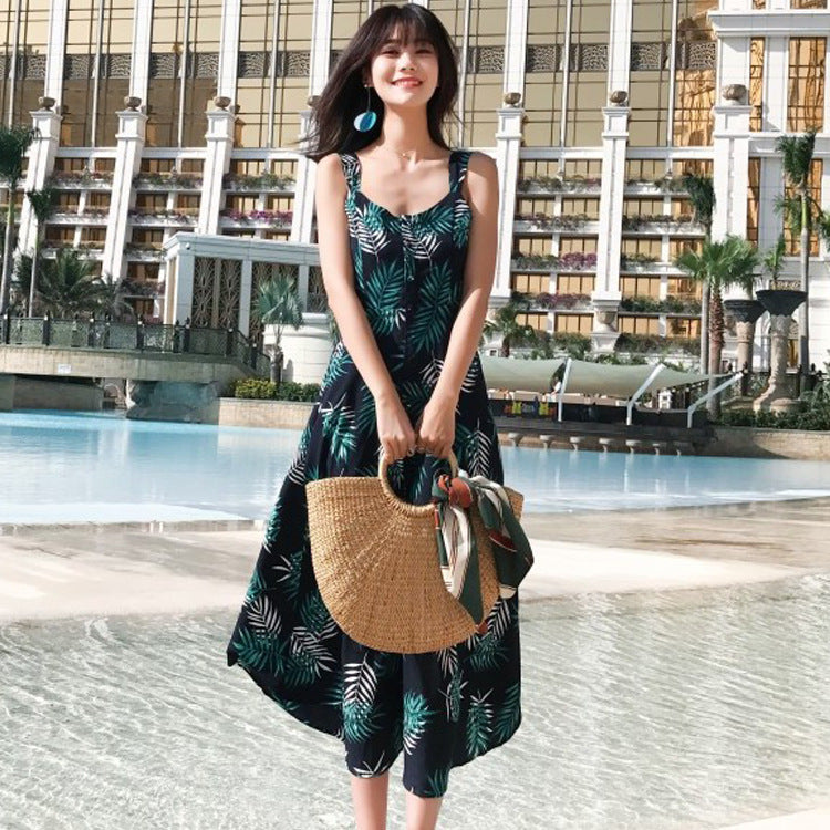 Hello Vacation Floral Olive Leaf Slip Dress