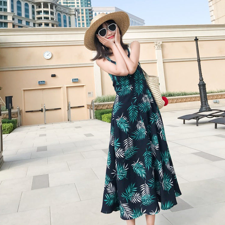 Hello Vacation Floral Olive Leaf Slip Dress