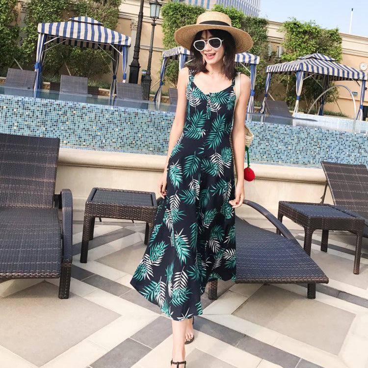 Hello Vacation Floral Olive Leaf Slip Dress