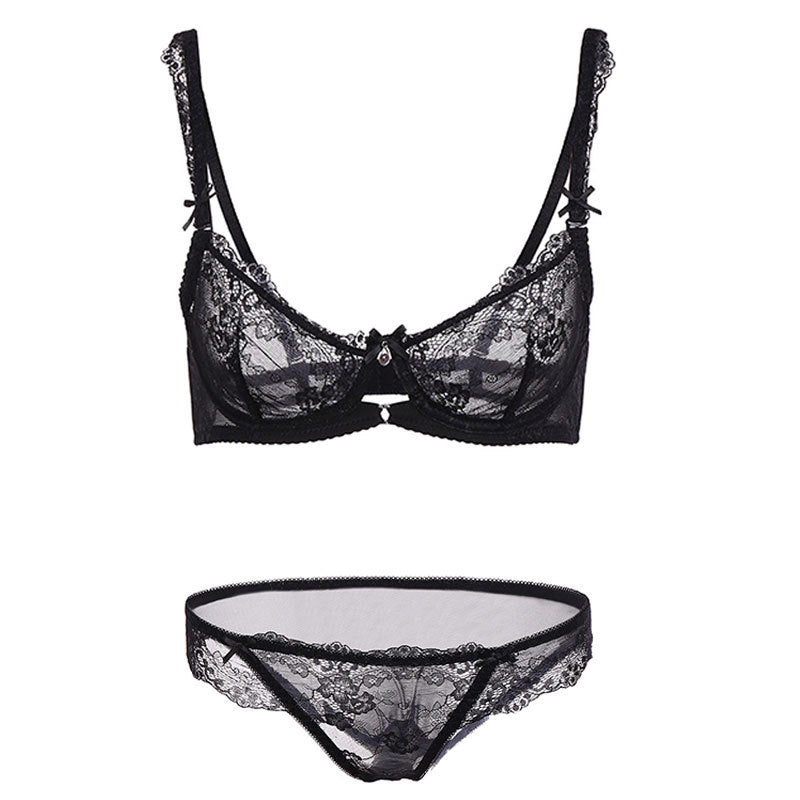 Set aus durchsichtigem BH und Höschen aus durchsichtiger Spitze mit Blumenmuster 