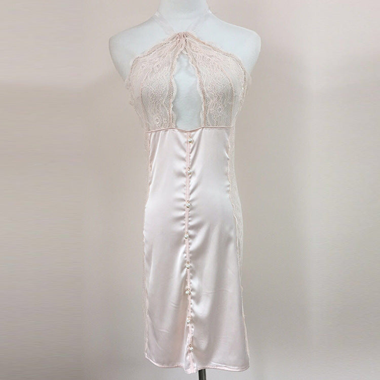 Sexy White Silk Halter Lace See Through Babydoll Nighties