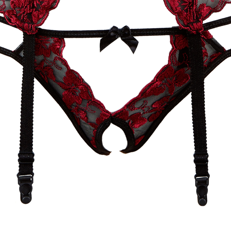 Flower Open Cup Shelf Crotchless Bra Set