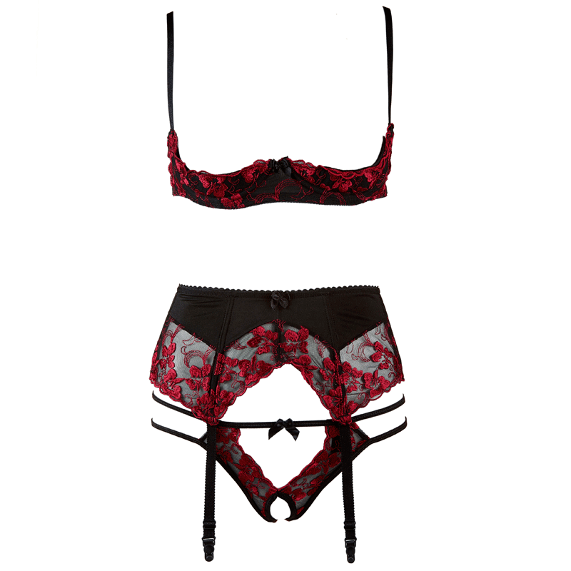 Flower Open Cup Shelf Crotchless Bra Set