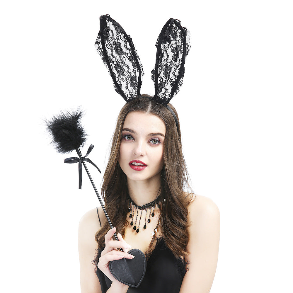 Feather Flirting Stick Lace Rabbit Ears Headband Clavicle Chain Collar Set