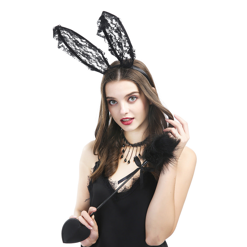 Feather Flirting Stick Lace Rabbit Ears Headband Clavicle Chain Collar Set