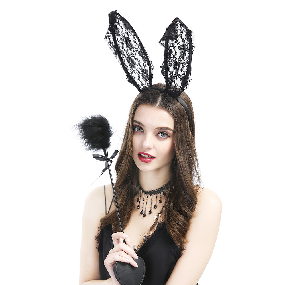 Feather Flirting Stick Lace Rabbit Ears Headband Clavicle Chain Collar Set