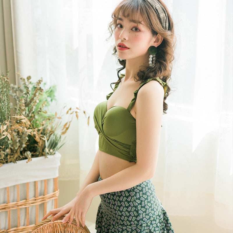 Sunny Holiday Cute Sweet High Waisted Printed Twisted Ruffle Swimsuit Set