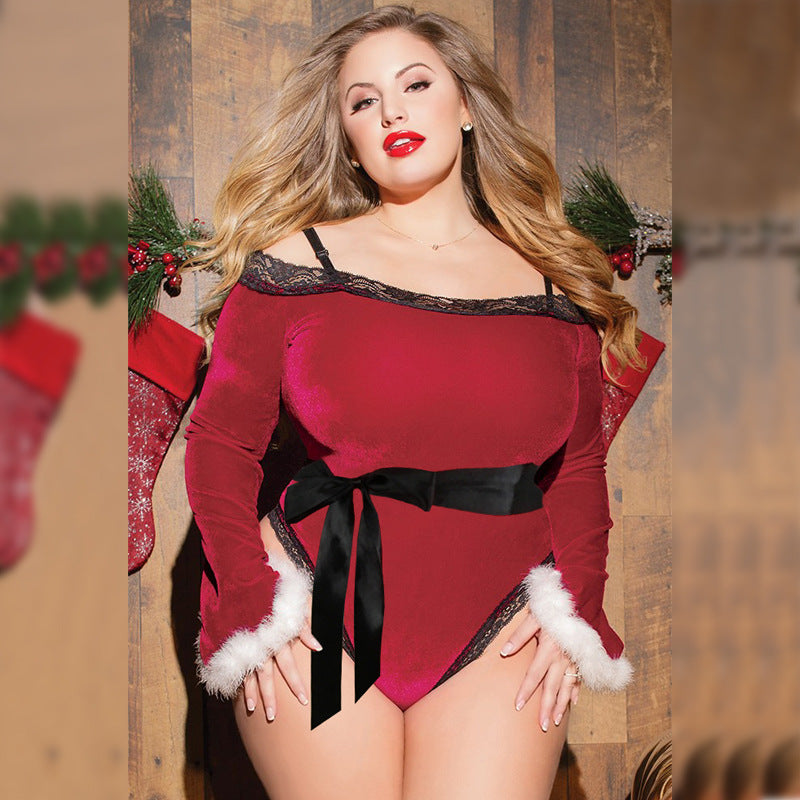 プラスサイズのセクシーなクリスマスワードショルダーロングスリーブジャンプスーツプラスサイズのセクシーなランジェリー