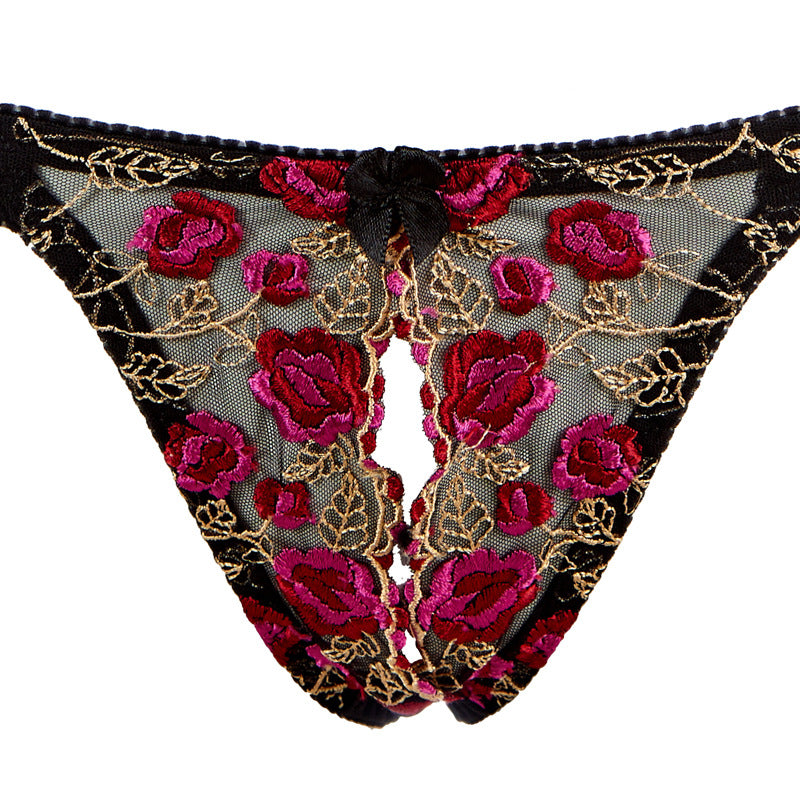 Flower Open Front Cupless Quarter Cup Shelf Crotchless Bra Set