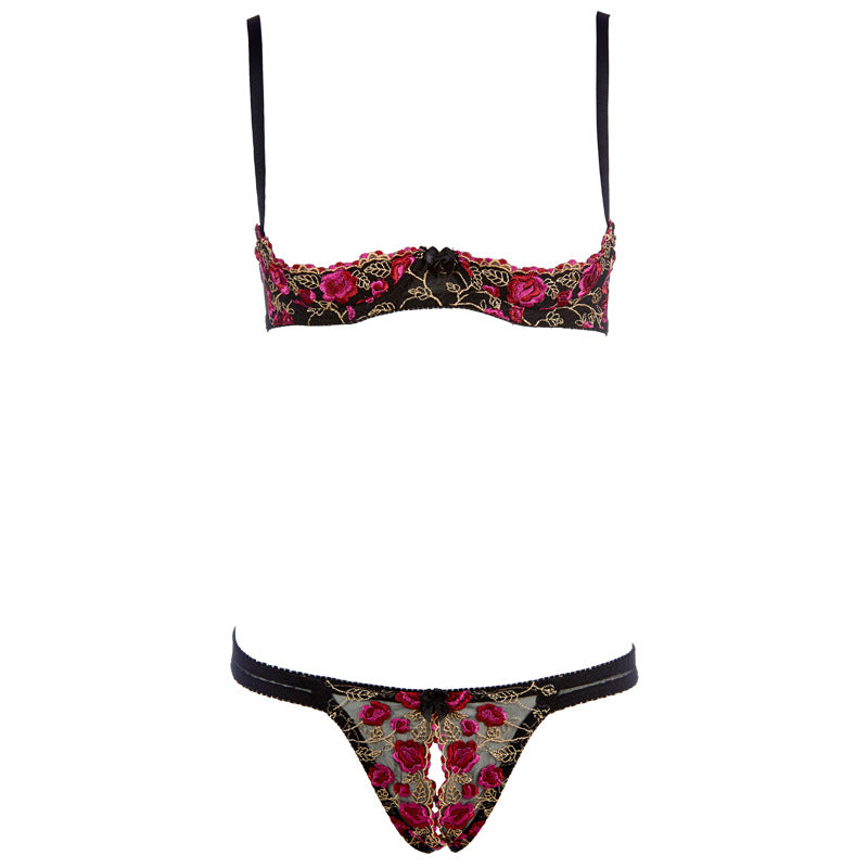 Flower Open Front Cupless Quarter Cup Shelf Crotchless Bra Set