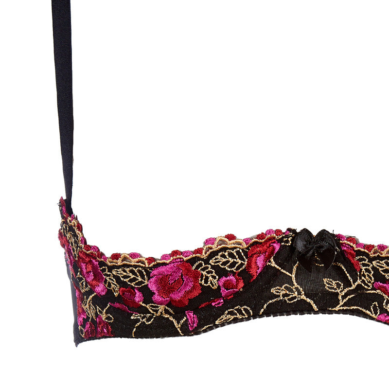 Flower Open Front Cupless Quarter Cup Shelf Crotchless Bra Set