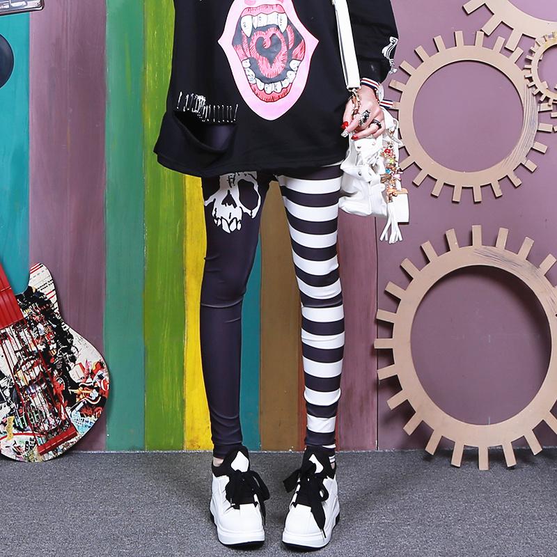 Black Gothic White Skull Stripe Pants