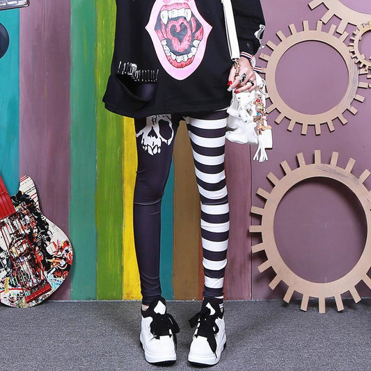 Black Gothic White Skull Stripe Pants