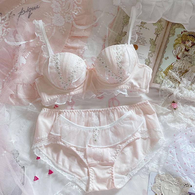 Japanese cute soft girl sweet lotus leaf daisy no steel ring underwear set