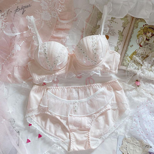 Japanese cute soft girl sweet lotus leaf daisy no steel ring underwear set