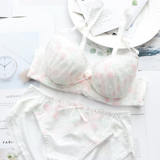 Tumblr Aesthetic Japanese Lace Girly Dot Flower Sweetie Heart Bra Set