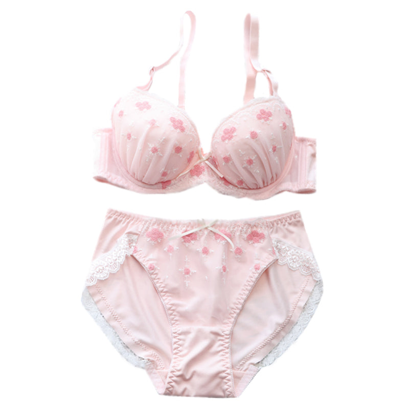 Tumblr Aesthetic Japanese Lace Girly Dot Flower Sweetie Heart Bra Set