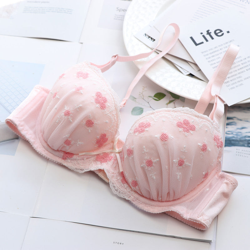 Tumblr Aesthetic Japanese Lace Girly Dot Flower Sweetie Heart Bra Set