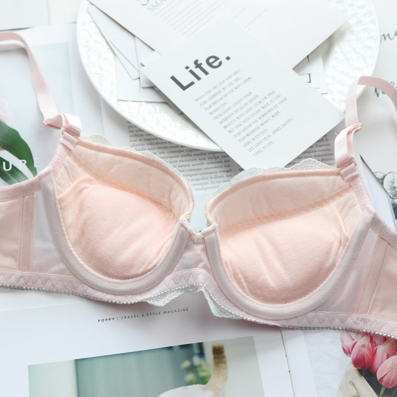Pastel Pink Ruffle Lace Girly Dot Flower Sweetie Heart Bra Set