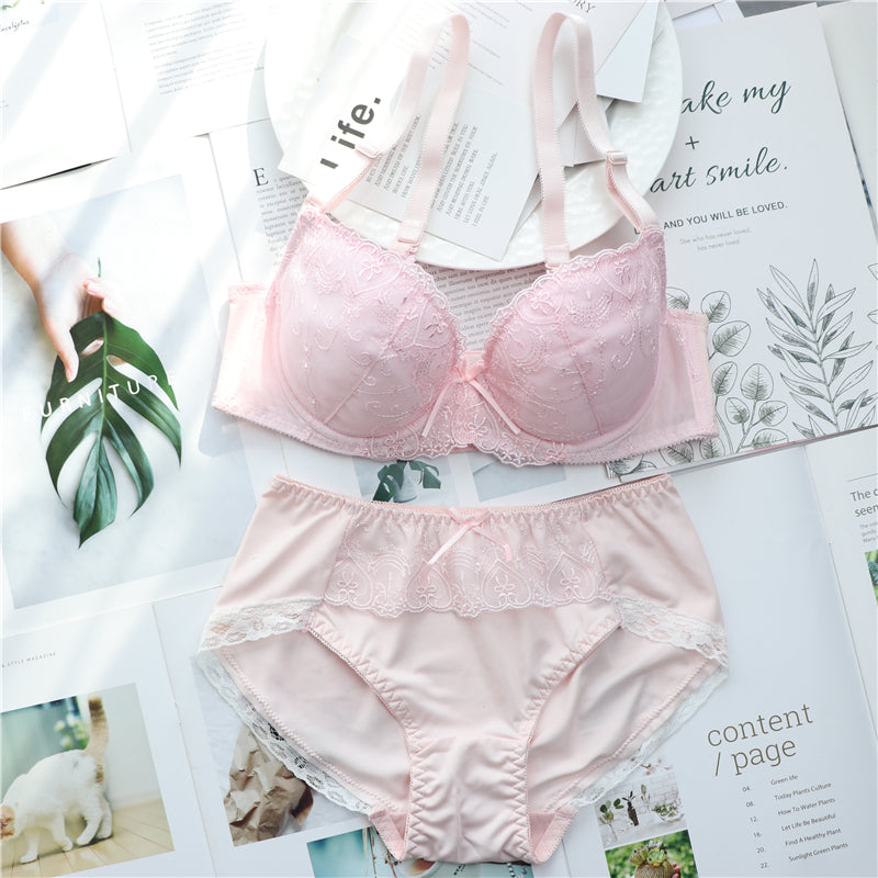 Tumblr Girly Dot Flower Lace Sweetie Heart Wave Trimmed Bra Set