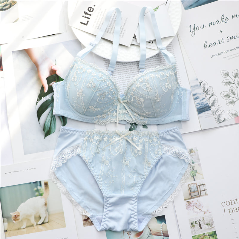 Tumblr Girly Dot Flower Lace Sweetie Heart Wave Trimmed Bra Set