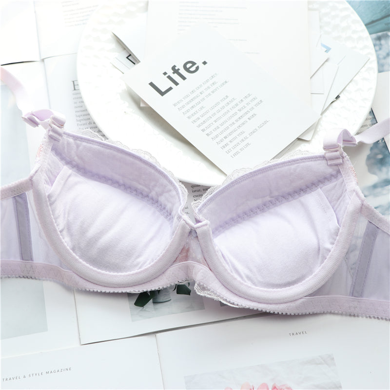 Pastel Pink Ruffle Lace Girly Dot Flower Sweetie Heart Bra Set