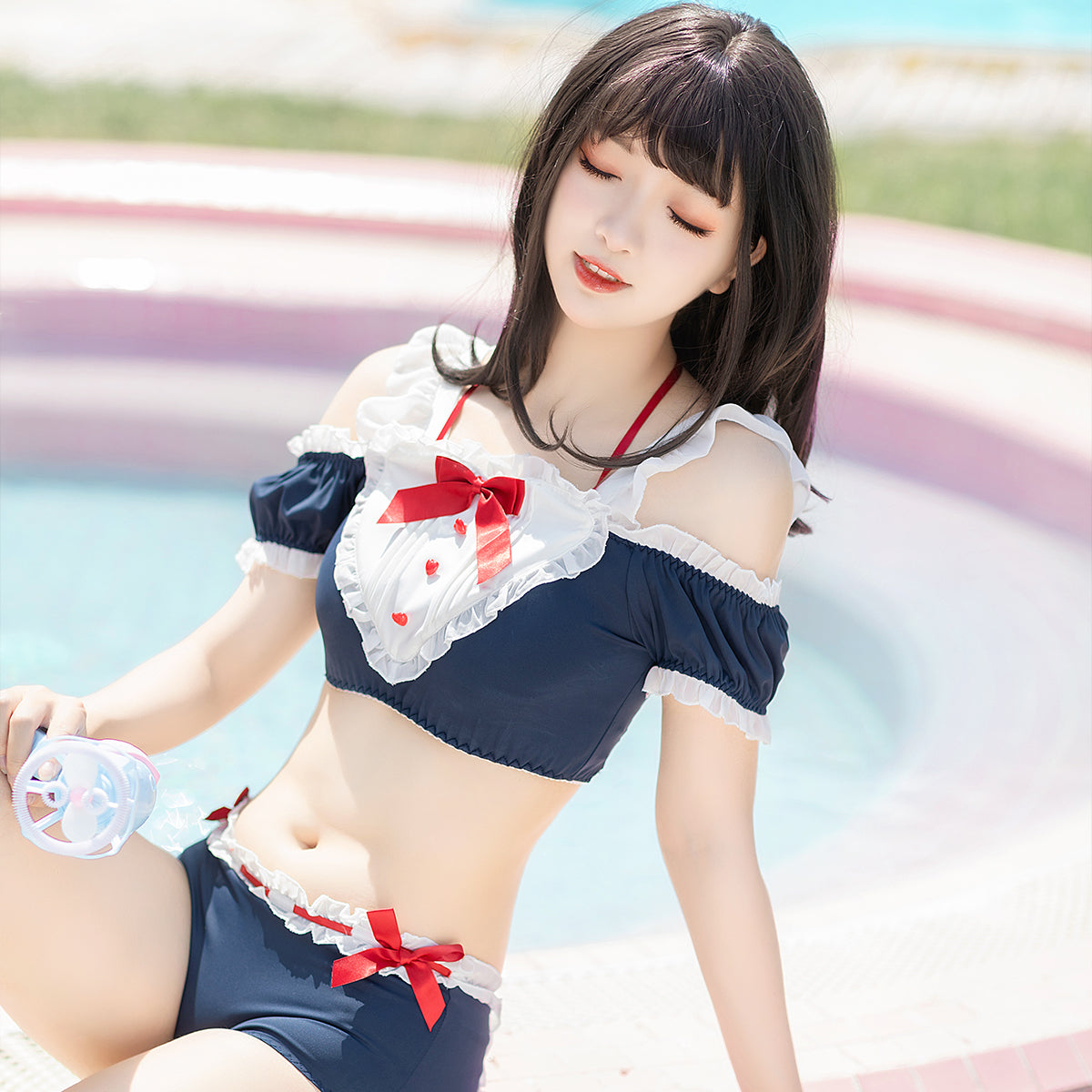Japanese Cute Ruffle Pink Flower Swimsuit